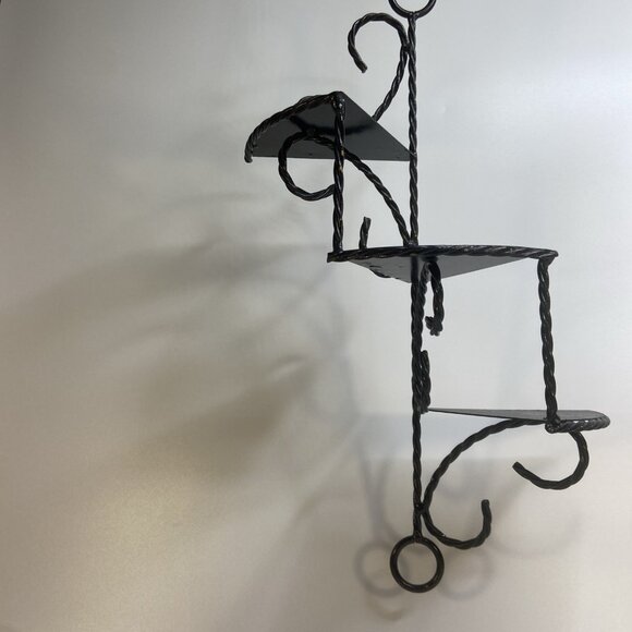 Vtg Twisted Wrought Iron Wall Shelf Black 3 Tiered Spiral Stair Ornate - Picture 2 of 7